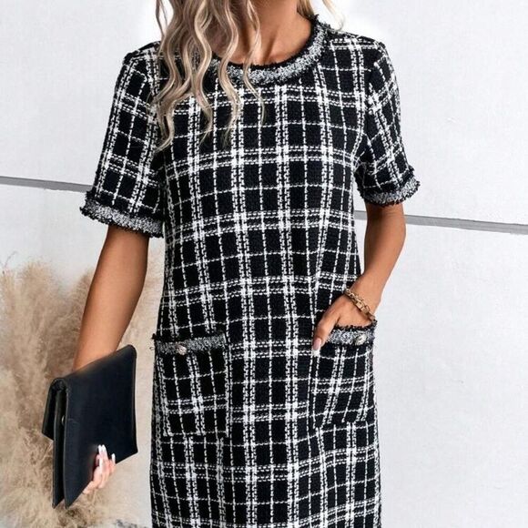 SheIn Dresses & Skirts - Size 6 Chanel-Inspired Tweed Plaid Dress, Black and White Knee-Length from SHEIN